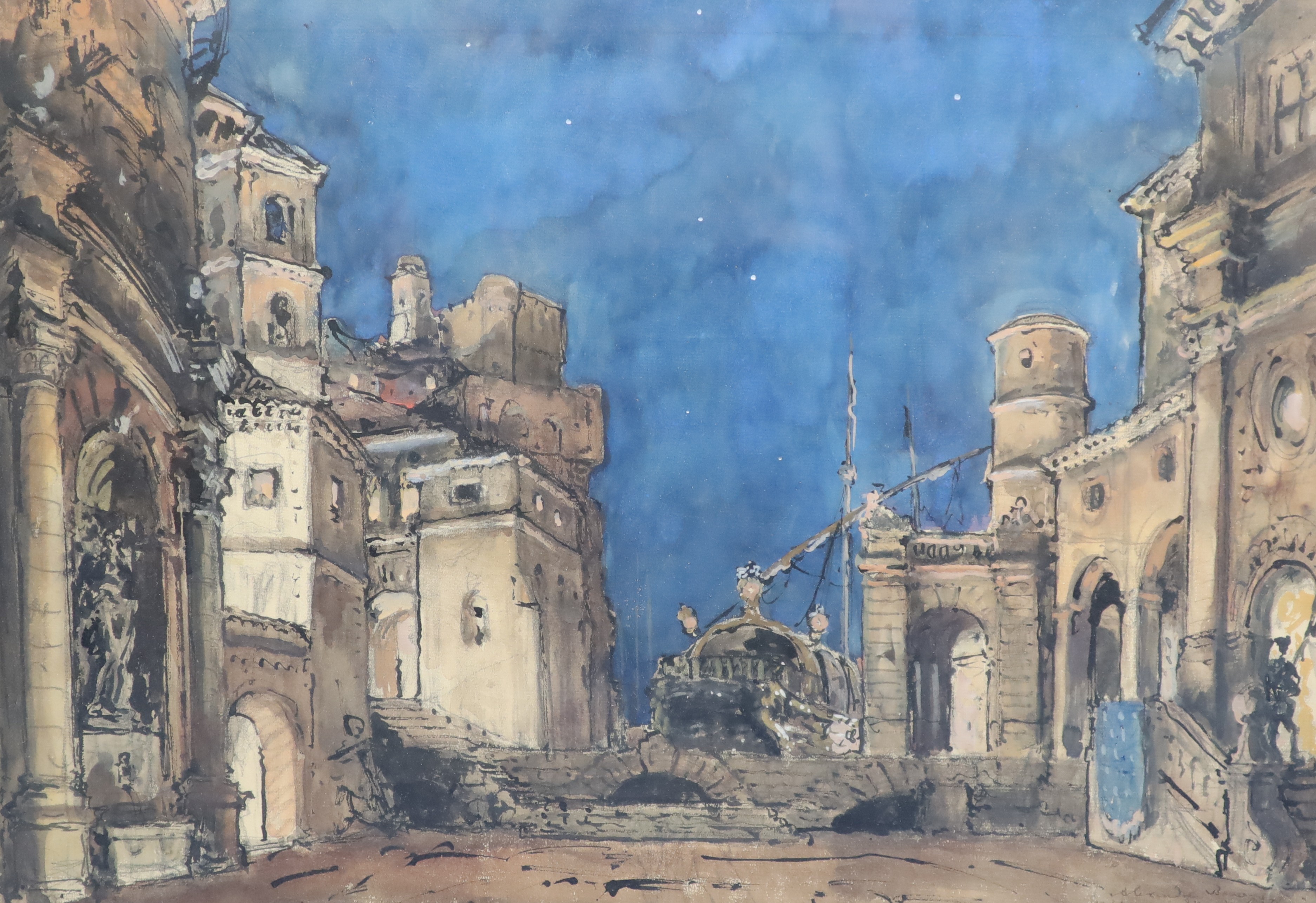Alexandre Benois (Russian, 1870-1960), Diane de Poitiers, La Fete de unit a Marseille, Acte III, Pencil, Ink and watercolour, 43 x 62cm.